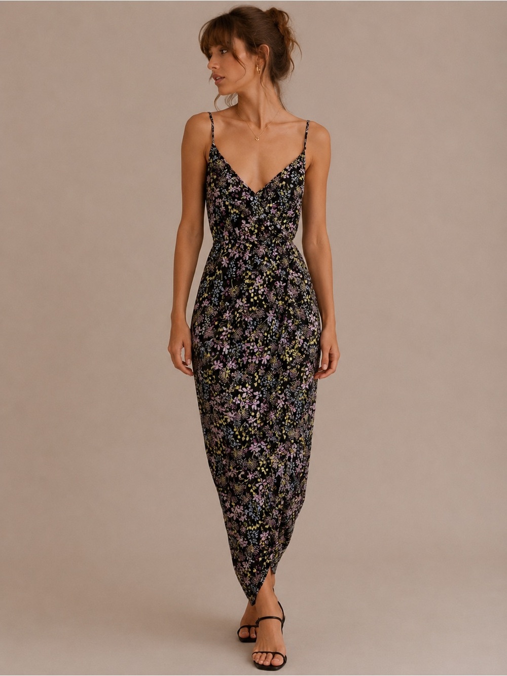 Material Girl Black Floral Maxi Dress w/Lavender and Green Print Tulip Hem Sz M